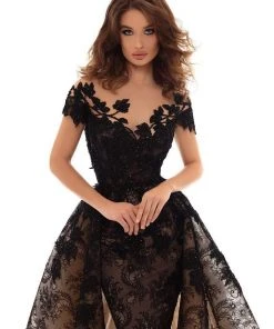 Formal Gowns Tarik Ediz - 93627 Lace Embroidered Dress With Detachable Train