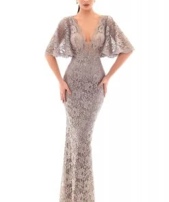 Tarik Ediz - 93640 Lace Plunging V-Neck Bat Evening Dress