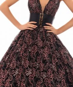 Tarik Ediz - 93641 Plunging Floral Lace Obi Ballgown