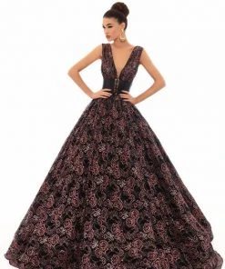 Tarik Ediz - 93641 Plunging Floral Lace Obi Ballgown