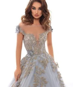 Tarik Ediz - 93653 Floral Embroidered Illusion Bateau Ballgown