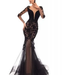 Tarik Ediz - 93656 Floral Applique Illusion Bateau Mermaid Dress