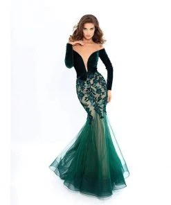 Tarik Ediz - 93657 Velvet Long Sleeve Floral Applique Mermaid Dress