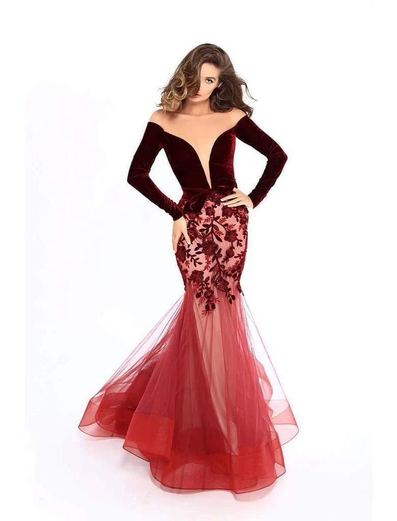 Tarik Ediz - 93657 Velvet Long Sleeve Floral Applique Mermaid Dress 7 Tarik Ediz - 93657 Velvet Long Sleeve Floral Applique Mermaid Dress