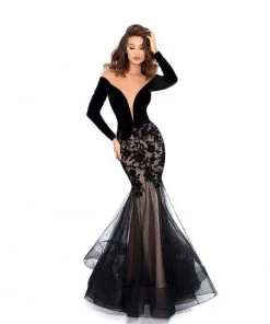 Tarik Ediz - 93657 Velvet Long Sleeve Floral Applique Mermaid Dress 11 Tarik Ediz - 93657 Velvet Long Sleeve Floral Applique Mermaid Dress