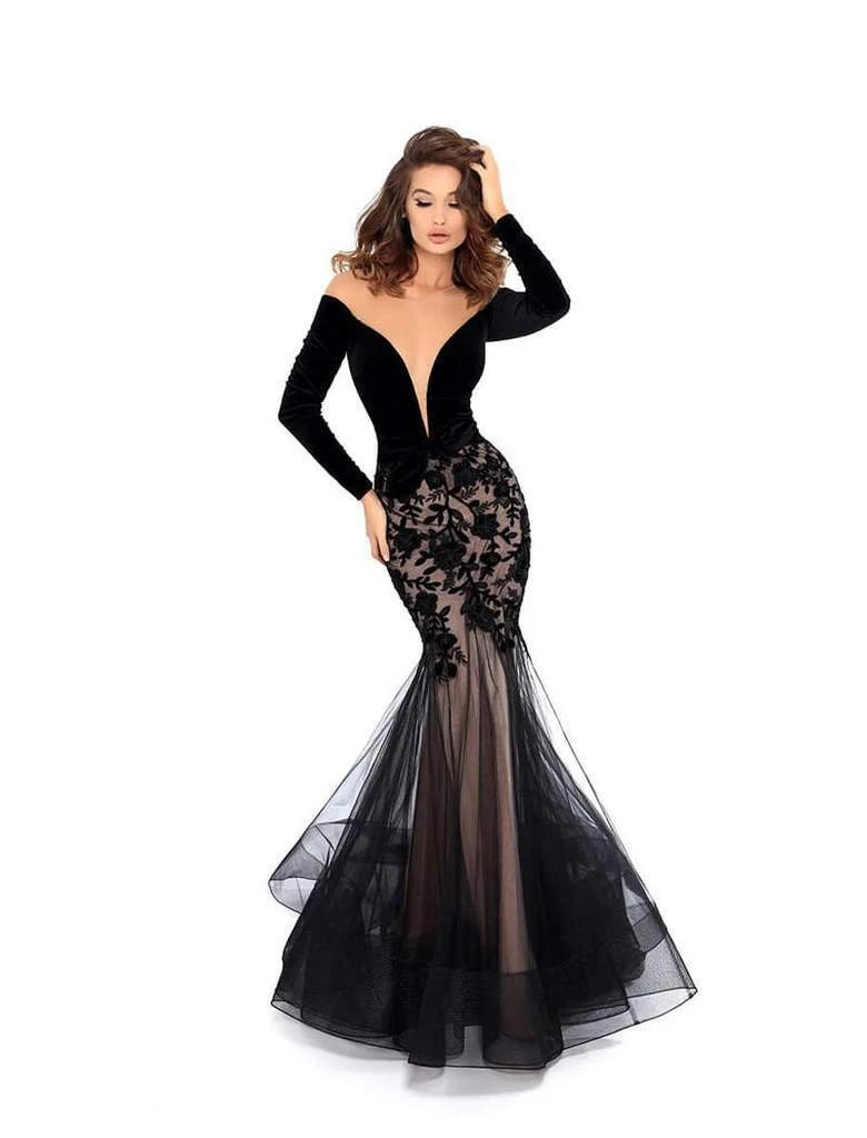 Tarik Ediz - 93657 Velvet Long Sleeve Floral Applique Mermaid Dress 6 Tarik Ediz - 93657 Velvet Long Sleeve Floral Applique Mermaid Dress