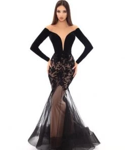 Tarik Ediz - 93657 Velvet Long Sleeve Floral Applique Mermaid Dress 9 Tarik Ediz - 93657 Velvet Long Sleeve Floral Applique Mermaid Dress