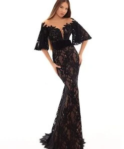 Formal Gowns Tarik Ediz - 93662 Floral Embroidered Bat Sleeve Trumpet Dress