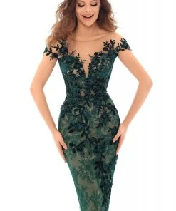 Tarik Ediz - 93665 Floral Lace Applique Cap Sleeve Sheath Dress Plus Size Dresses