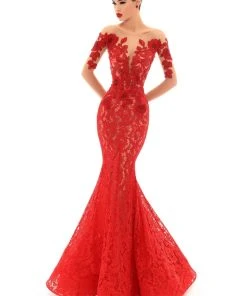 Tarik Ediz - 93670 Sequined Floral Applique Illusion Long Gown