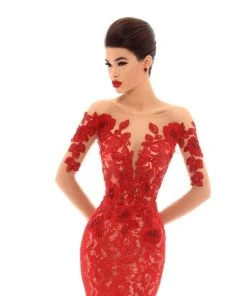 Tarik Ediz - 93670 Sequined Floral Applique Illusion Long Gown