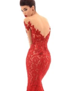 Tarik Ediz - 93670 Sequined Floral Applique Illusion Long Gown