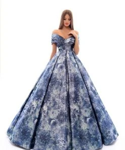 Tarik Ediz - 93674 Floral Patterned Off-Shoulder Pleated Ballgown Formal Gowns