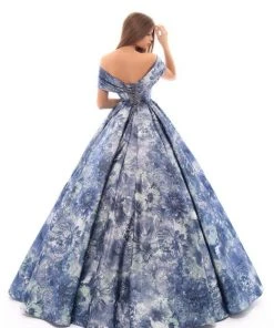Tarik Ediz - 93674 Floral Patterned Off-Shoulder Pleated Ballgown Formal Gowns