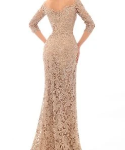 Tarik Ediz - 93675 Floral Lace Illusion Neck Sheath Dress With Train Formal Gowns