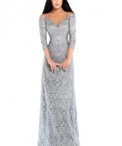 Tarik Ediz - 93677 Illusion Quarter Sleeve Jewel Adorned Sheath Gown Formal Gowns