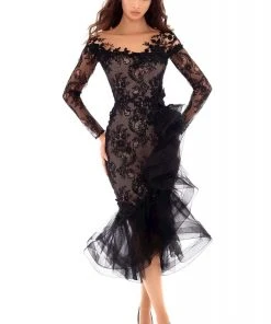 Tarik Ediz - 93679 Embellished Lace Long Sleeve Tulle Trumpet Dress Plus Size Dresses