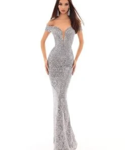 Tarik Ediz - 93680 Embroidered Plunging Off-Shoulder Sheath Dress Formal Gowns