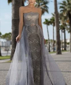 Tarik Ediz - 93693 Floral Lace Strapless Gown With Overskirt Formal Gowns