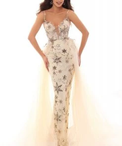Tarik Ediz - 93701 Sequined Stars Deep V-neck Dress With Overskirt Formal Gowns