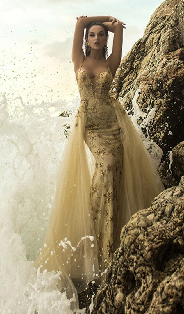 Tarik Ediz - 93701 Sequined Stars Deep V-neck Dress With Overskirt Formal Gowns 6 Tarik Ediz - 93701 Sequined Stars Deep V-neck Dress With Overskirt Formal Gowns