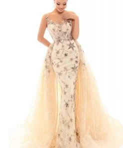 Formal Gowns Tarik Ediz - 93703 Sequined Star Sheath Dress With Overskirt