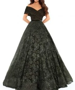 Tarik Ediz - 93712 Surplice Off Shoulder Glitter Floral Ballgown Formal Gowns