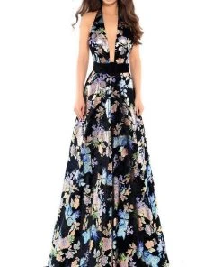 Tarik Ediz - 93727 Floral Plunging Halter A-Line Gown