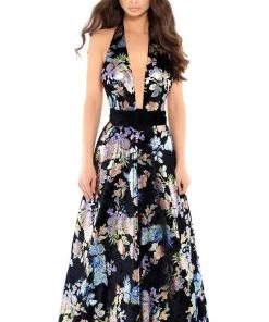 Tarik Ediz - 93727 Floral Plunging Halter A-Line Gown