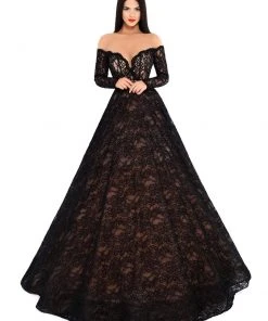 Formal Gowns Tarik Ediz - 93729 Illusion Nude Shoulders Allover Lace Ballgown