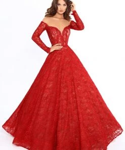 Formal Gowns Tarik Ediz - 93729 Illusion Nude Shoulders Allover Lace Ballgown