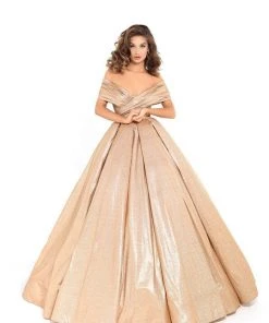 Tarik Ediz - 93730 Plunging Off-Shoulder Pleated Ballgown Formal Gowns