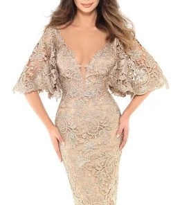 Tarik Ediz - 93740 Floral Lace Bat Sleeve Sheath Dress