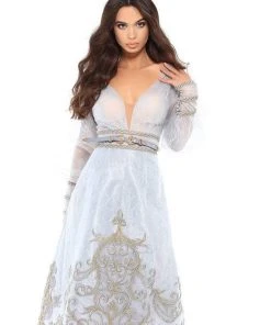 Tarik Ediz - 93753 Long Sleeves Plunging V-Neck Tea Length Dress Cocktail Dresses