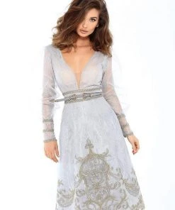 Tarik Ediz - 93753 Long Sleeves Plunging V-Neck Tea Length Dress Cocktail Dresses