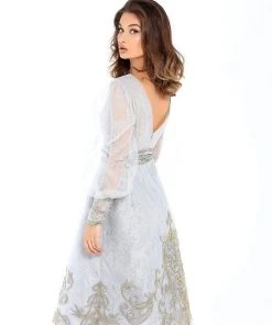 Tarik Ediz - 93753 Long Sleeves Plunging V-Neck Tea Length Dress Cocktail Dresses