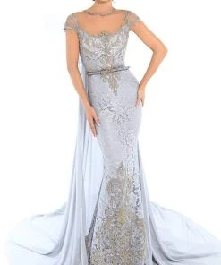 Tarik Ediz - 93757 Lace Embroidered Mermaid Dress With Cape-like Train