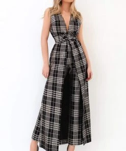 Tarik Ediz - 93803 Embellished Deep V-neck Jumpsuit Plus Size Dresses