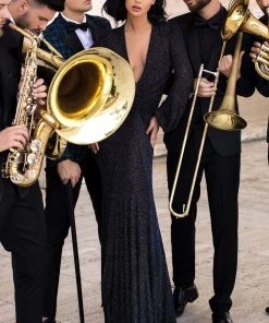 Formal Gowns Tarik Ediz - 93836 Long Sleeve Deep V-neck Trumpet Dress