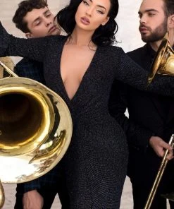 Formal Gowns Tarik Ediz - 93836 Long Sleeve Deep V-neck Trumpet Dress