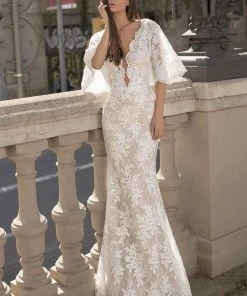 Tarik Ediz - 93837 Plunging V-Neck Lace Bell Sleeves Formal Gowns