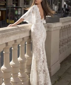 Tarik Ediz - 93837 Plunging V-Neck Lace Bell Sleeves Formal Gowns