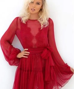 Tarik Ediz - 93839 Illusion Long Sleeves A-Line Cocktail Dress