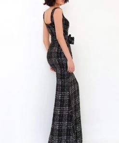 Tarik Ediz - 93850 Plaid Printed Square Neckline Dress With Bolero Formal Gowns