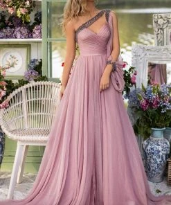 Formal Gowns Tarik Ediz - 93854 One Shoulder Beaded V Neck High Slit Chiffon Gown