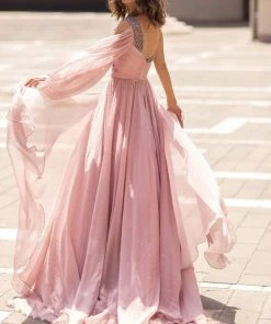 Formal Gowns Tarik Ediz - 93854 One Shoulder Beaded V Neck High Slit Chiffon Gown