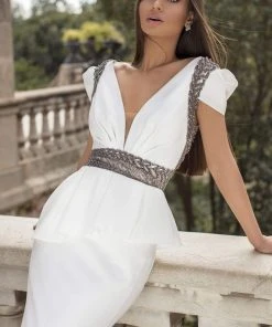 Tarik Ediz - 93855 Embellished Deep V-neck Trumpet Dress Formal Gowns