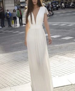 Formal Gowns Tarik Ediz - 93867 Embellished Deep V-neck Pleated Dress