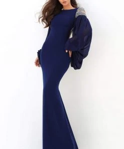 Formal Gowns Tarik Ediz - 93872 Embellished Long Sleeve Bateau Fitted Dress