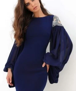 Formal Gowns Tarik Ediz - 93872 Embellished Long Sleeve Bateau Fitted Dress